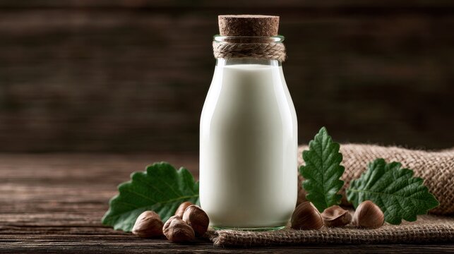 A glass bottle filled with hazelnut milk sits on a rustic wooden table with fresh nuts. This image represents healthy vegan plant-based dairy alternatives.