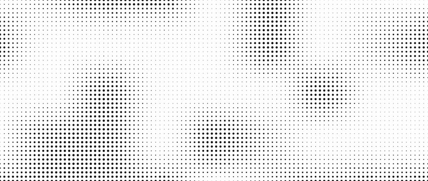 Dotted halftone gradient pattern texture. Black random polka dots seamless background. Mixed small and big circles. Smooth gradation grain. Ink splashes. Abstract vector illustration