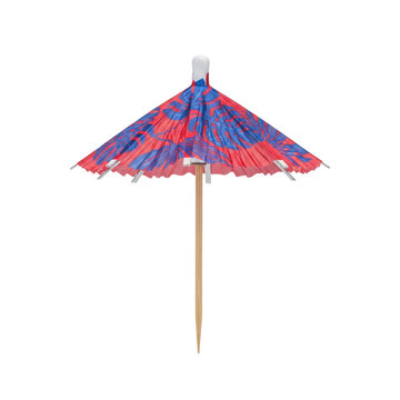 A highly detailed red paper cocktail parasol with blue tropical leaves, isolated on a transparent background with copy space. Summer party decoration concept