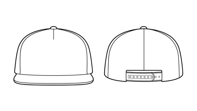 Snapback cap technical fashion illustration. hat template vector illustration. front and back view. white colour. CAD mock-up.