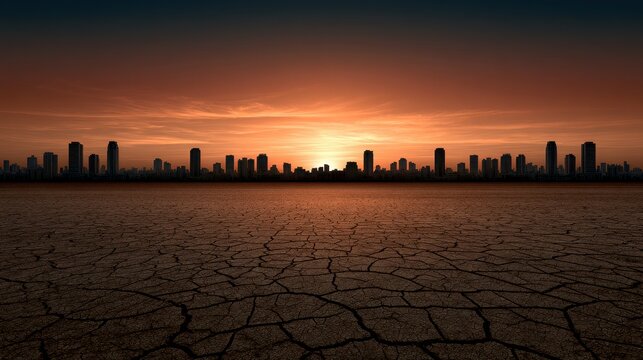 A desolate landscape with cracked dry earth stretches toward a silhouetted city skyline at sunset. It represents environmental crisis and climate change themes.
