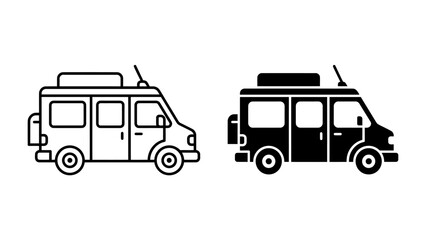 Camper Van Icons: A set of line art and solid black icons depicting a camper van, showcasing different styles for design and travel themes. © mahfuz