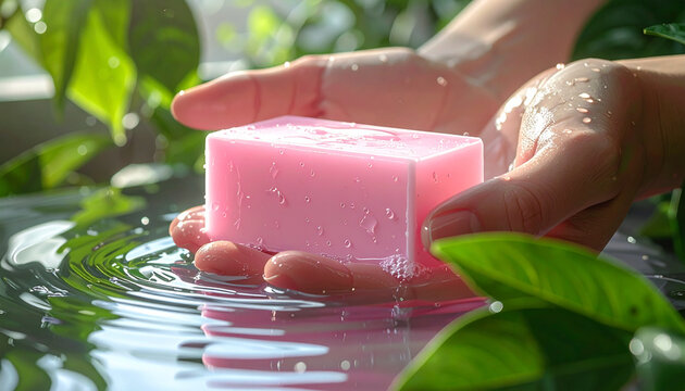 Pink soap bar held in hands with water drops and green leaves
