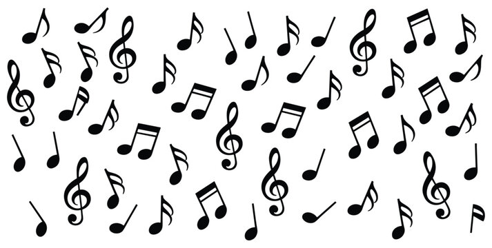 Scattered Musical Notes. A collection of black musical notes and clefs scattered across a plain background, suggesting melody and rhythm.