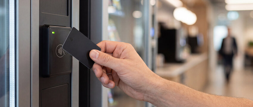 Contactless access card unlocking office door with employee badge and security reader