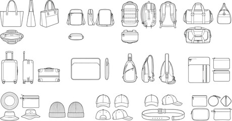 Fototapeta premium Luggage and Bags Flat Technical Sketches Vector Set with Backpacks Suitcases and Hats Templates