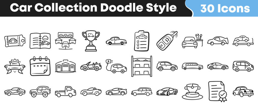 Hand drawn doodle style icons featuring various types of motor vehicles