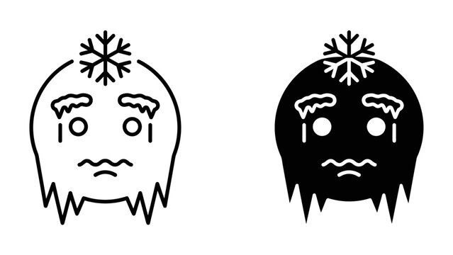 Frozen Face Emoji: Two stylized emoji faces, one outlined and one solid black, depict a state of extreme cold and discomfort with icy features and dripping icicles.