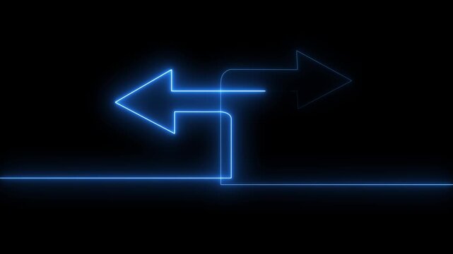 Glowing blue neon arrows pointing in opposite directions. Digital pathfinding and choice concept.