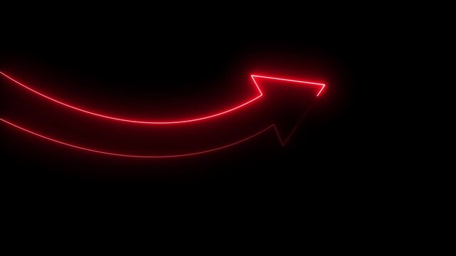 Glowing red neon arrow pointing up. Digital pointer indicating direction on black background.