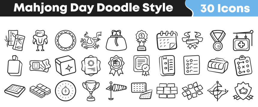 Set of thirty hand drawn mahjong day themed doodle icons