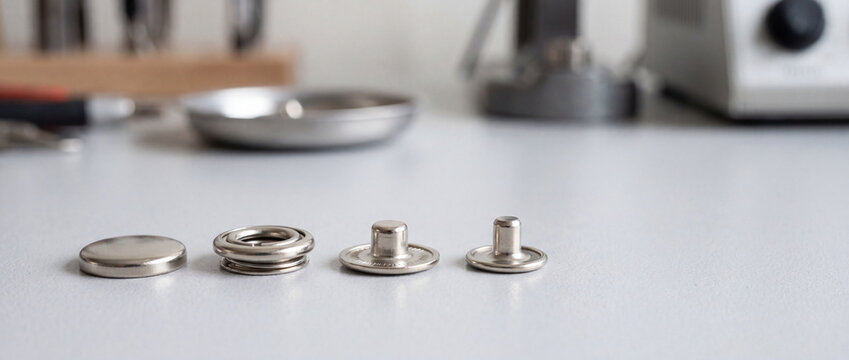 Metal snap fastener components and snap buttons arranged on white tabletop for garment repair and sewing