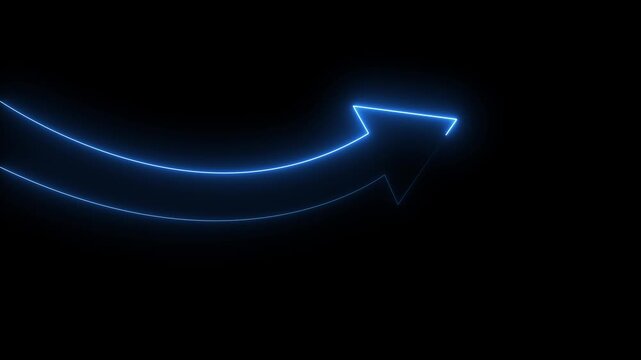 Glowing blue neon arrow pointing up. Digital pointer indicating direction on black background.