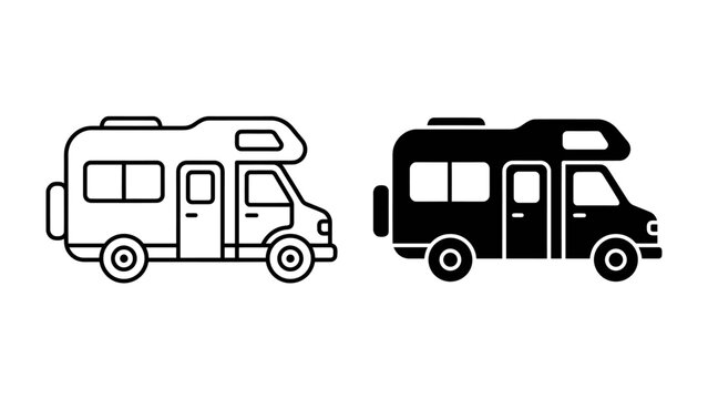 RV Camper Icons: A set of clean, modern icons depicting an RV camper, presented in both line art and solid silhouette styles, perfect for travel and leisure themes.