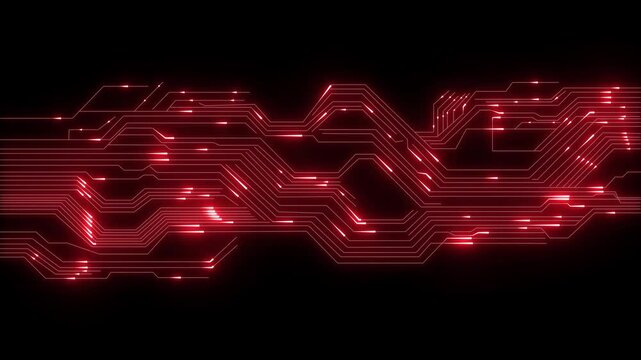Abstract futuristic red neon circuits with dynamic data flow animation across a dark background, representing innovation, network connectivity, and modern technology infrastructure.