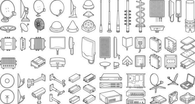Telecommunication Equipment Line Art Vector Set with Satellite Dishes Antennas and Routers