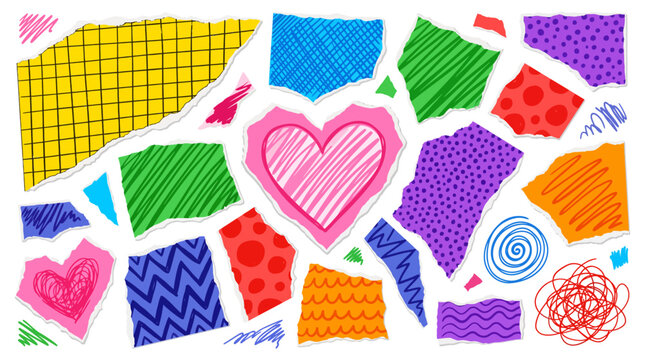 Set of torn colored paper scraps with abstract hand-drawn patterns, ripped notebook page fragments, heart shapes, scribbles, and ragged edge collage elements, vector illustration isolated on white bac