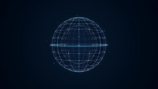 Digitally rendered glowing blue wireframe globe on transparent background with grid lines and stars.