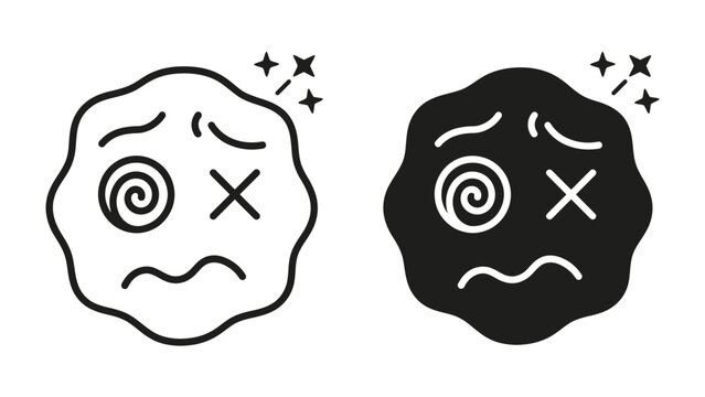 Dizzy Face Emoji Illustration: A graphic illustration depicting a dizzy face emoji with swirling eyes and an 'x' for eyes, in both black and white, symbolizing confusion or being unwell.