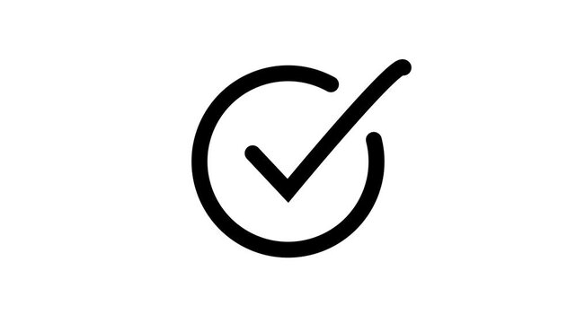 Tick mark icon with circle. Animated checkmark circle with a black outline on white background indicating approval confirmation or verification for graphic design