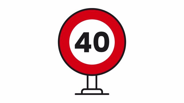 40 kmh speed limit traffic sign icon animation with transparent background, alpha channel, 4k video.