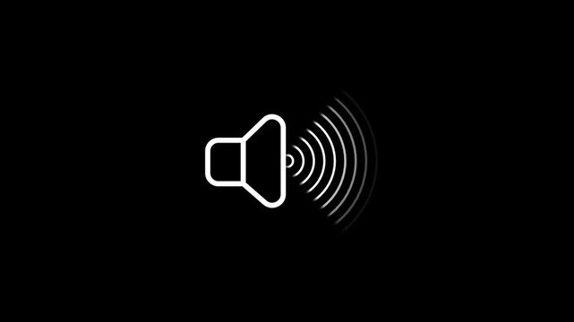 Animated white outline speaker symbol with sound waves on a dark black background