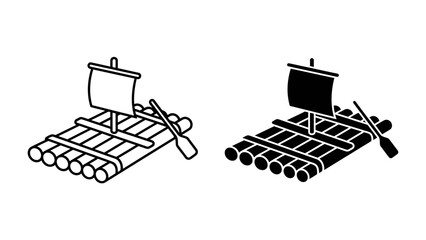 Bamboo Raft Icon Set: A set of simple, clean icons depicting a bamboo raft with a sail and oar, presented in both outline and solid black fill, perfect for illustrating travel or adventure themes. © has