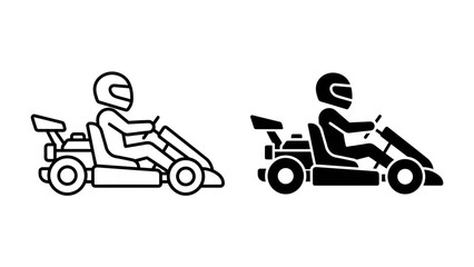Go-kart Racer Icons: A set of minimalist icons depicting a go-kart racer in a helmet, shown in both outline and solid black fill, representing speed and racing. © mahfuz