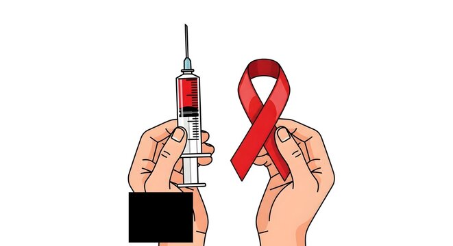 World aids day awareness syringe and red ribbon symbolizing hiv prevention and support