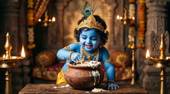 Cute little child eating fresh butter from clay pot for vishu and sri krishna birthday during hindu festivals like janmashtami and traditional indian culture ... See More