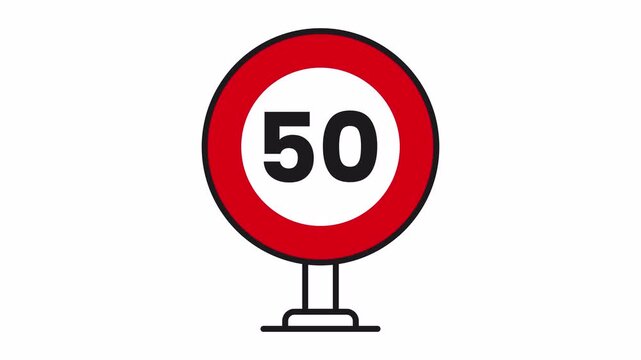 50 kmh speed limit traffic sign icon animation with transparent background, alpha channel, 4k video.