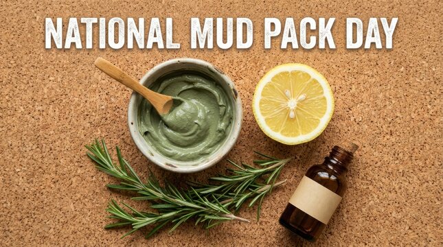 Mud pack ingredients on corkboard, National Mud Pack Day