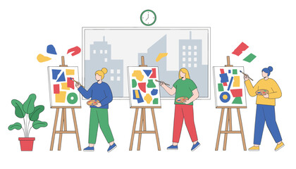 Fototapeta premium Group of creative female artists painting abstract colorful geometric shapes on canvases in an art class studio.