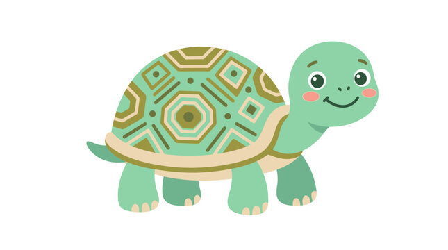 Smiling green cartoon turtle character.