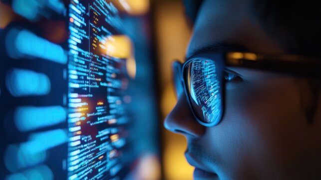 Programmer coding late at night, screen reflection, dark room