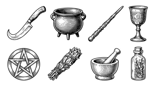 Witchcraft Ritual Tools and Wiccan Symbols Set in Vintage Woodcut Style