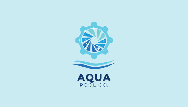 Modern business logo design for aqua pool company displaying a gear and water swirl on a light blue background.