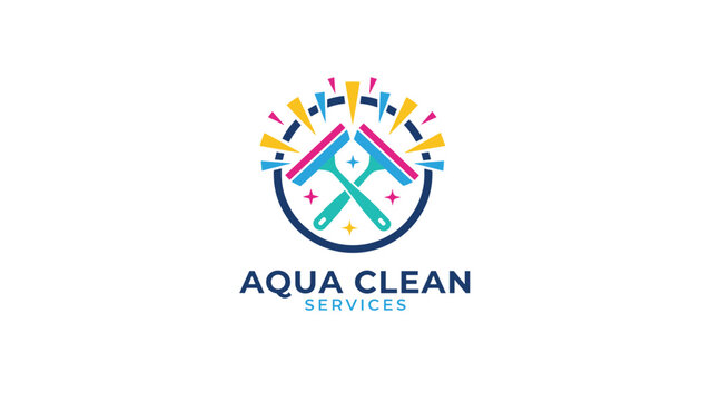 Creative aqua clean services corporate brand logo design featuring crossed window squeegees inside a round emblem.