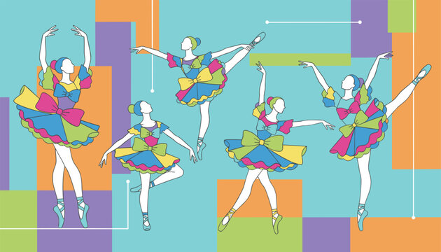 Five graceful ballet dancers performing elegant group dance poses in colorful costumes over a geometric background.