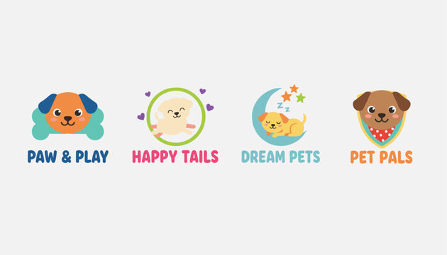 Collection of modern cute pet business logo designs including paw and play happy tails dream pets and pet pals.