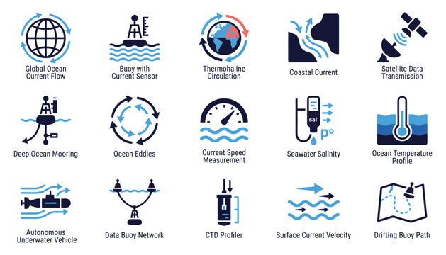 Ocean research and underwater monitoring equipment vector illustration set for marine exploration.