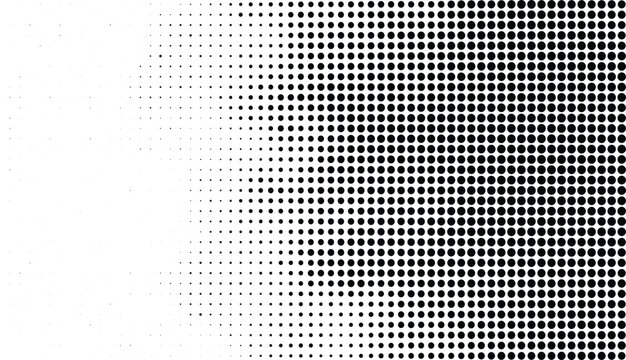 Halftone pattern of black dots fading from right to left on white background, abstract graphic design element.