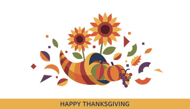 Happy thanksgiving autumn seasonal celebration banner featuring a cornucopia filled with pumpkins grapes and flowers.