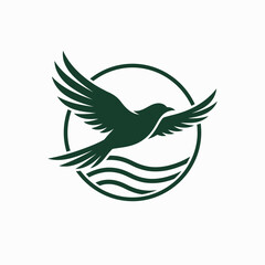 Naklejka premium Green bird flying above ocean waves circular logo.