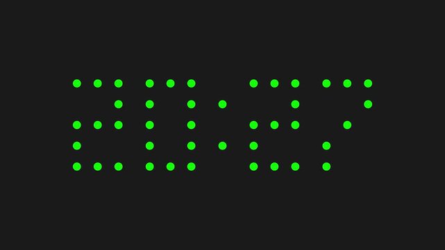 Horizontal video. Animation with green digital clock with LED lights changes time from 20:26 to 20:27 on black. Switch from 2026 to 2027. Concept of gift, tech, CET, New Year, holiday, event, festival