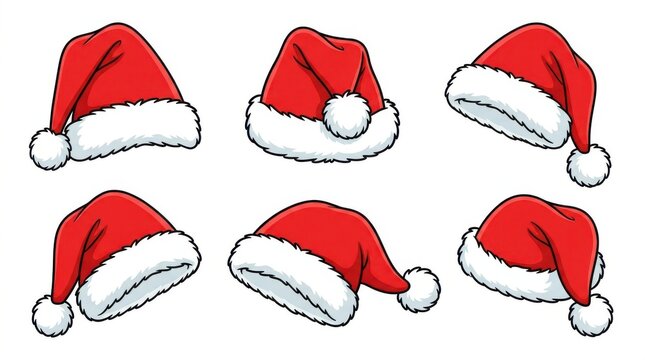 Six Santa hats in different positions on white background