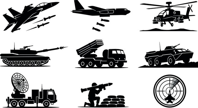 Military Vehicle and Heavy Weapon Silhouette Set with Fighter Jet, Bomber Plane, Helicopter, Tank, Rocket Launcher, and Radar Graphic Symbols