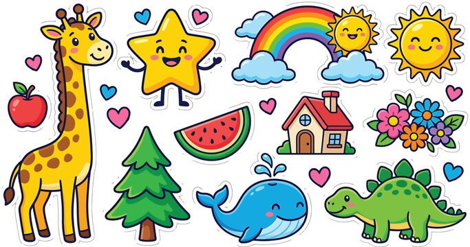 Cute cartoon sticker set featuring giraffe dinosaur whale star sun rainbow house and nature elements vector illustration