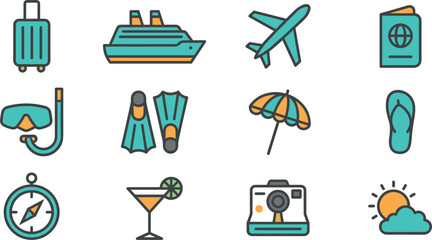 Summer Vacation and Tropical Travel Flat Line Icon Set with Cruise Ship, Airplane, Luggage, Passport, and Snorkel Symbols for Tourism Graphic Designs © MARKNIS