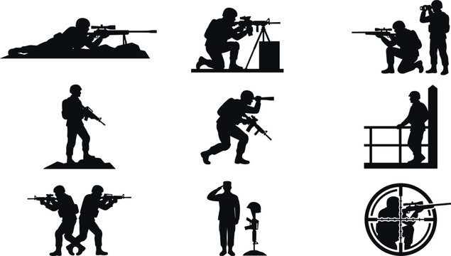Military Sniper and Soldier Silhouette Icon Set with Prone Shooting, Kneeling, Saluting, and Crosshair Cross Target Symbols for Combat and Gaming Designs